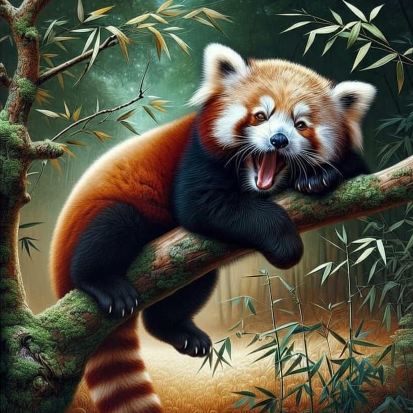 Sleepy Red Panda Yawning on Branch in Dreamlike Style