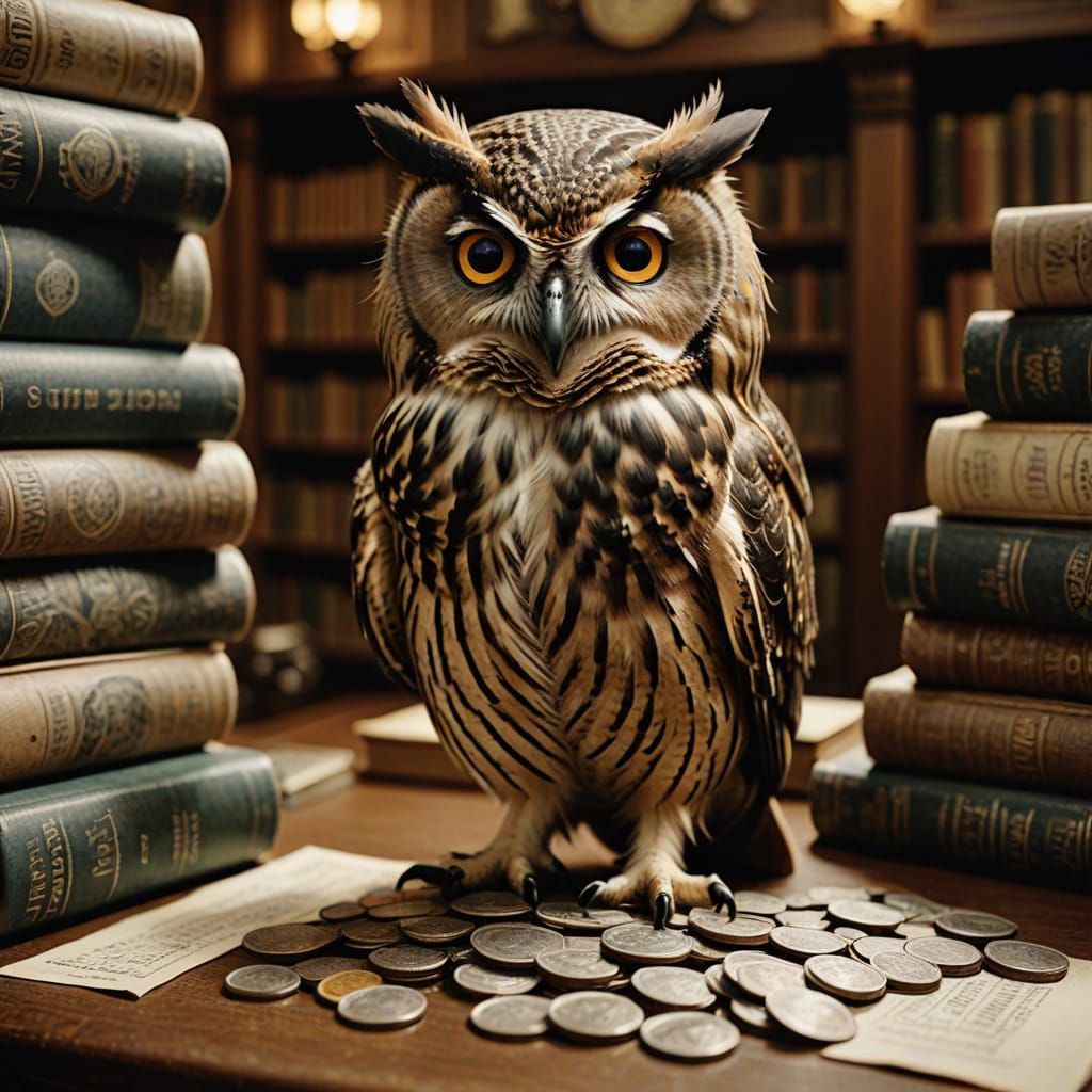 Wise Owl With Currency Feathers in Vintage Photo Style