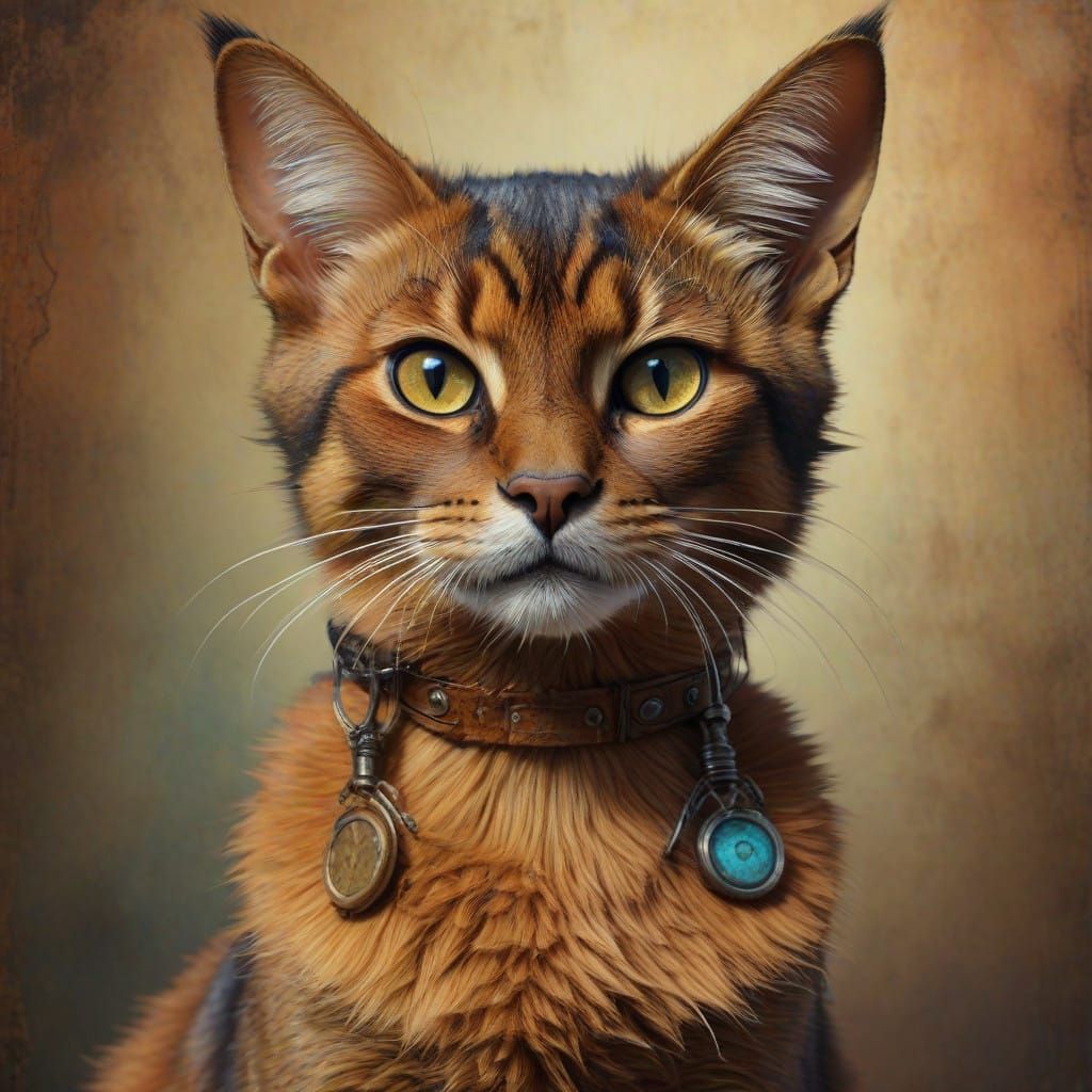 Vibrant Steampunk Feline Portrait in Meticulously Detailed O...