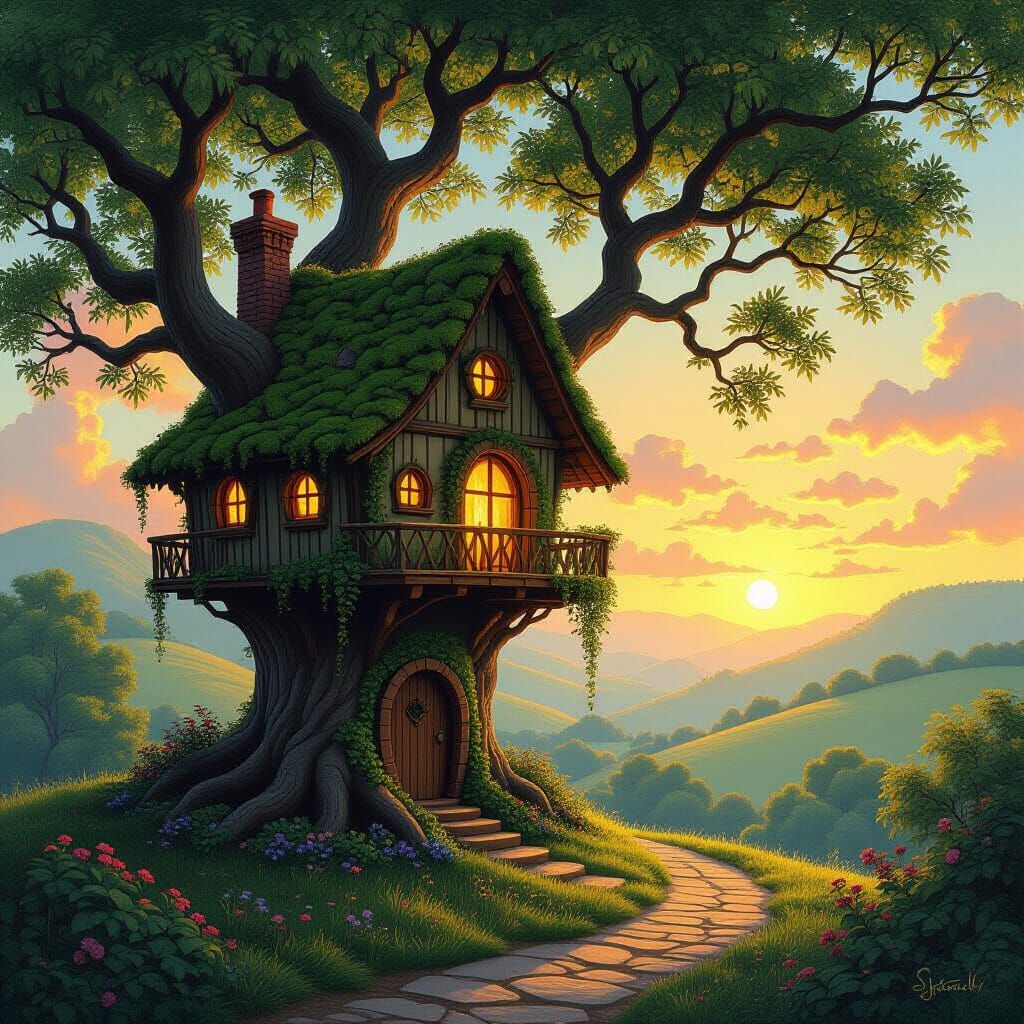 Mystical Treehouse Cottage in Golden Sunset Light