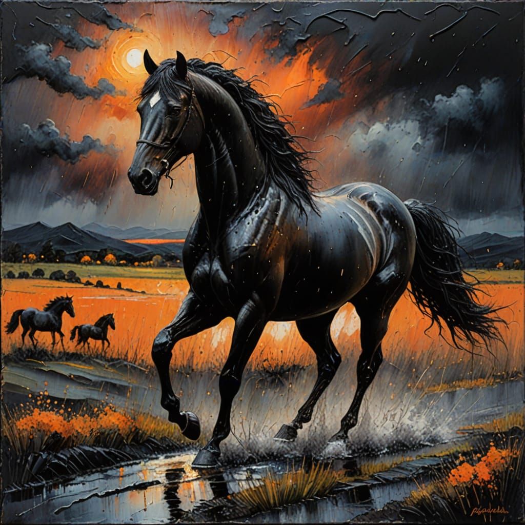 Encaustic Black Horse in Rainy Landscape