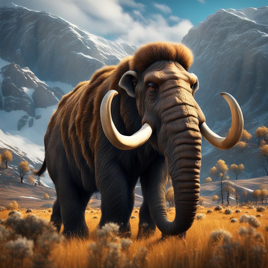 Photorealistic Woolly Mammoth in Field with Child