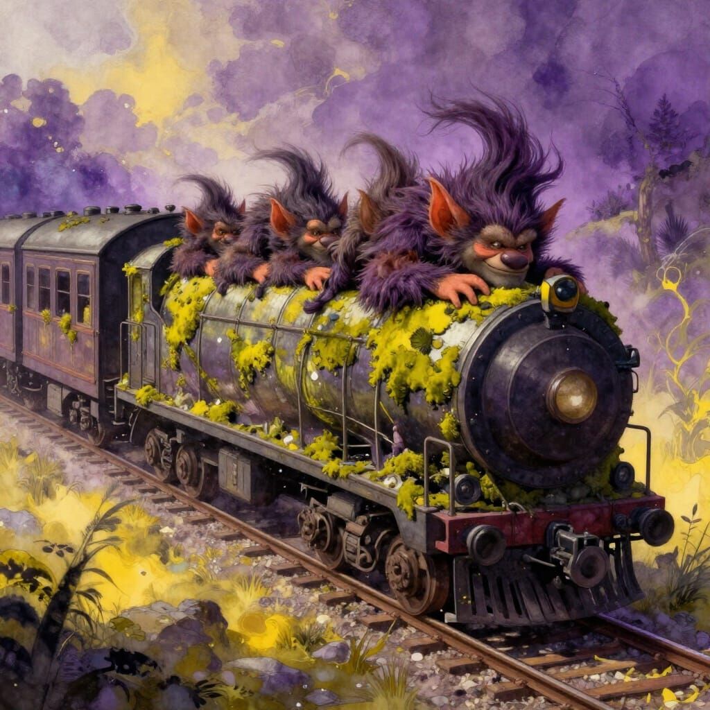 Trolls Speed Walking on Moss Train in Watercolor Style