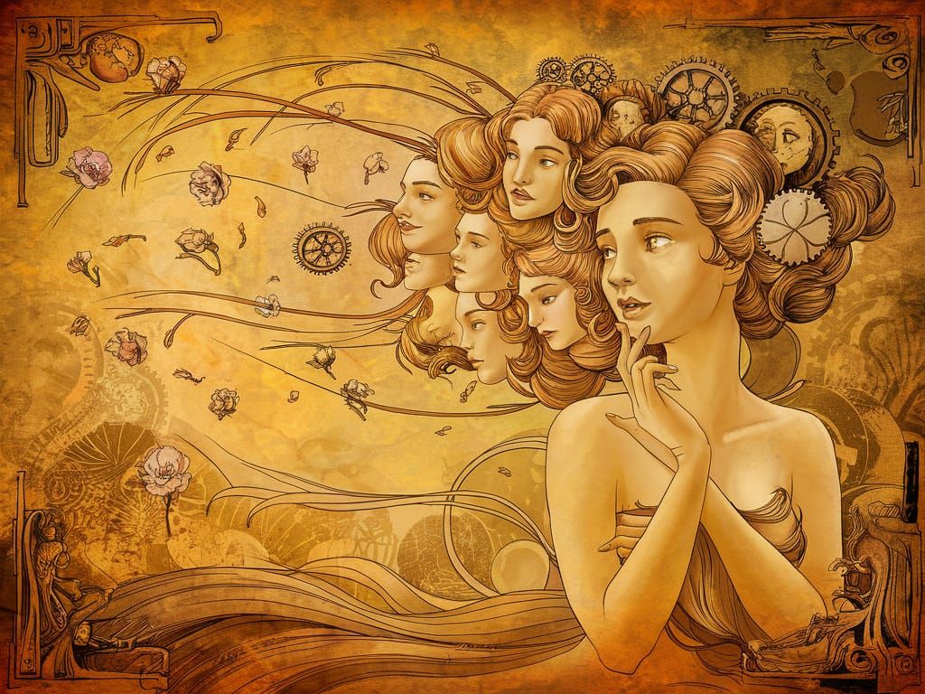 Art Nouveau Woman with Multiple Faces