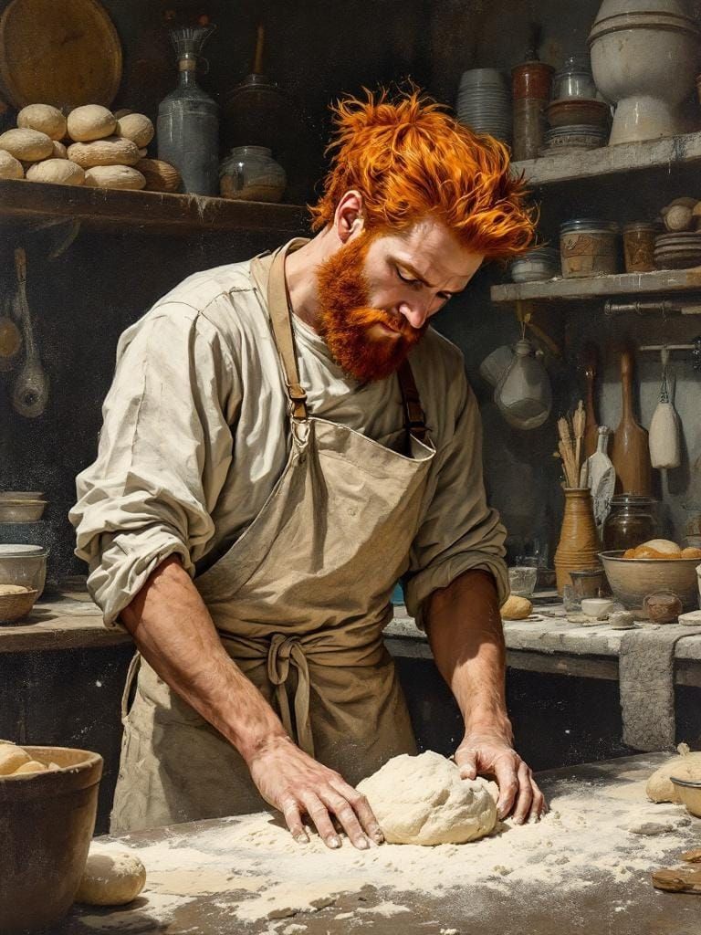 Renaissance Baker Kneading Dough with Expressive Brushstroke...
