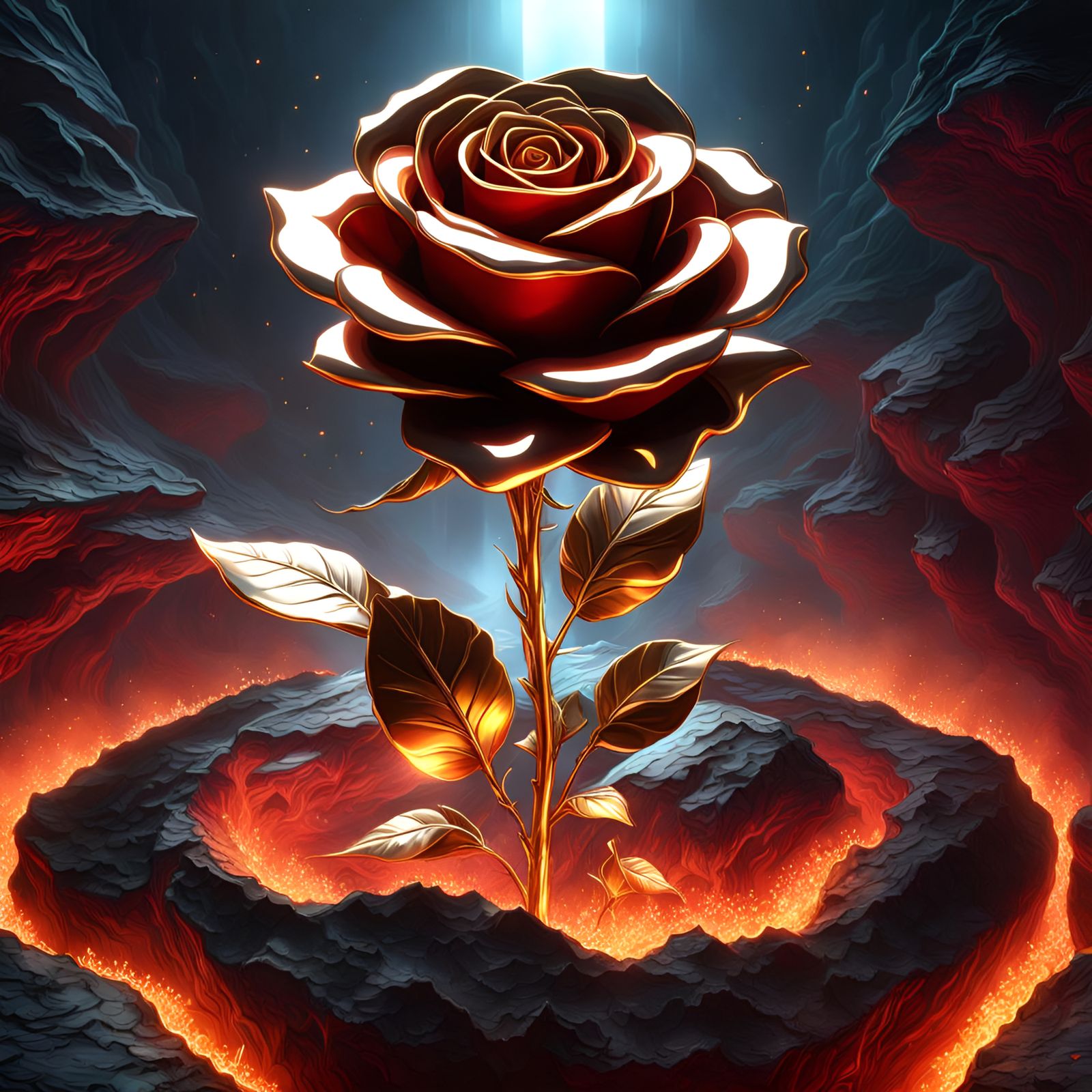 Metal Rose in Magma Rock: Digital Art