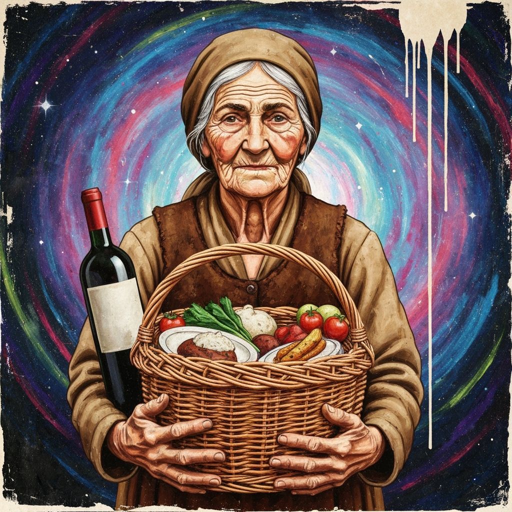 Elderly Woman with Food and Wine in Grunge Style