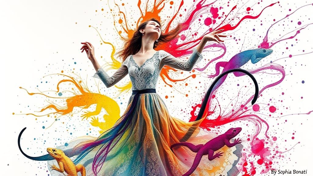 Woman Dancing in Ink Splatter Art Masterpiece