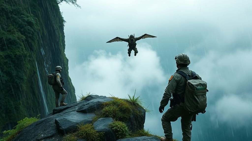 Stormy Jungle Cliff: Modern Soldiers in Wingsuit