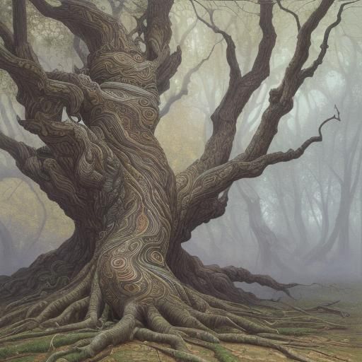 Splintered Tree Line Drawing in Oil Painting Style
