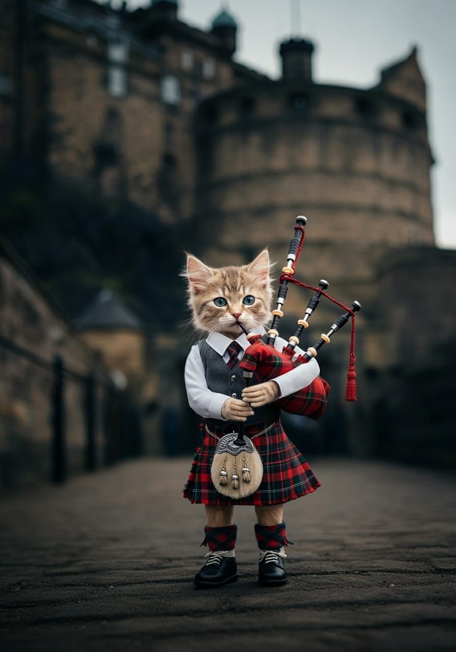 Anthropomorphic Kitten Plays Bagpipes Outside Edinburgh Cast...