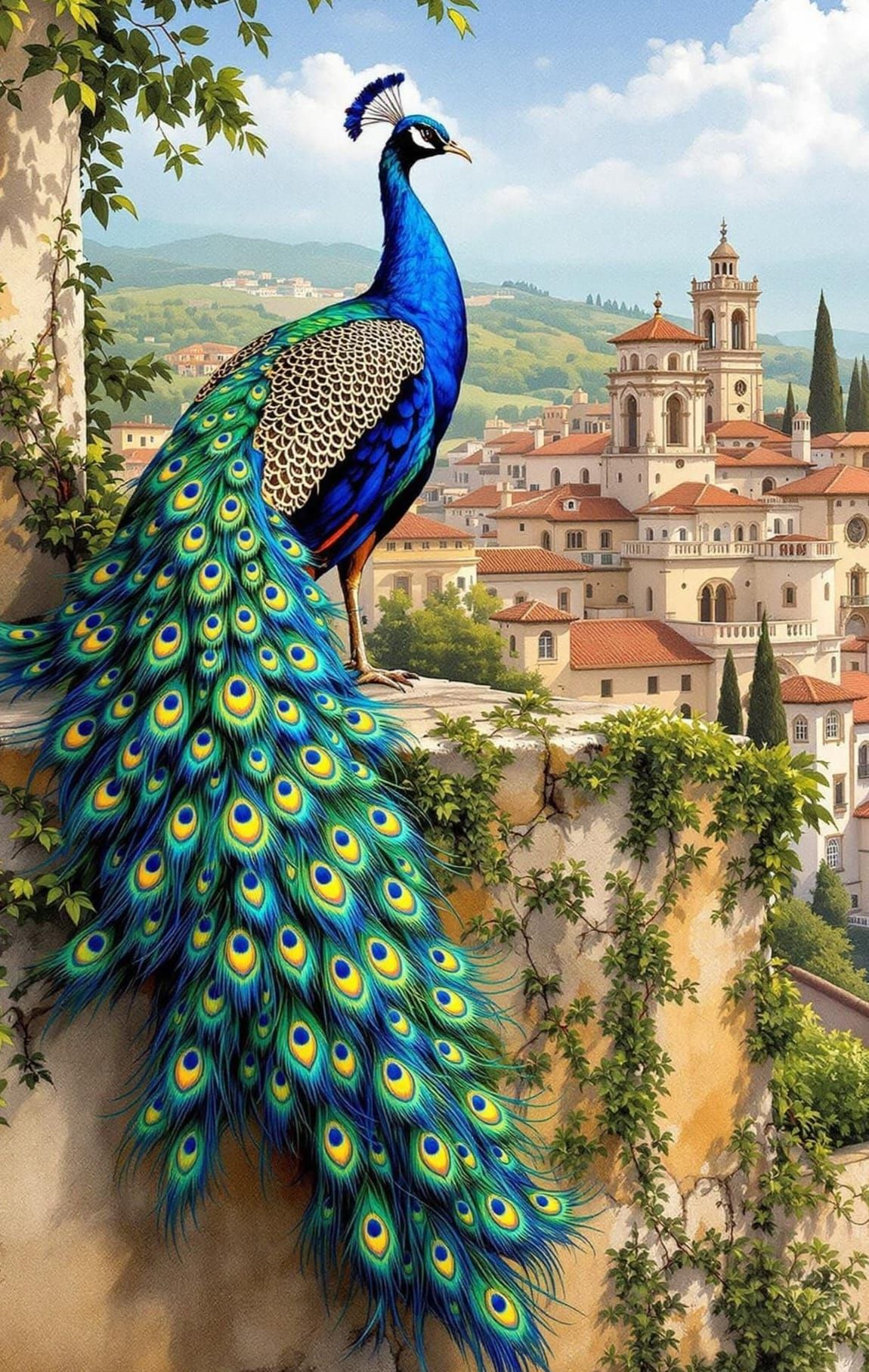 Surreal Peacock Illuminates Spanish Village Architecture