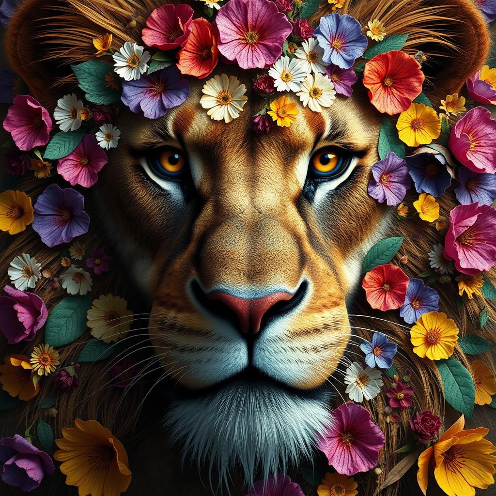 Colorful Floral Lion in Dreamlike Fantasy Style