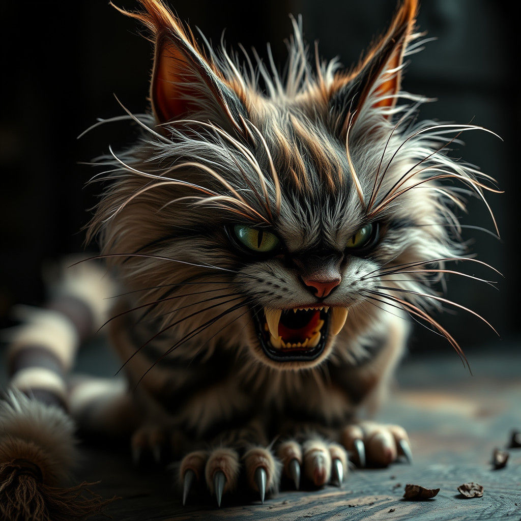 Demonic Cheshire Cat with Fangs, Hyperrealistic Image