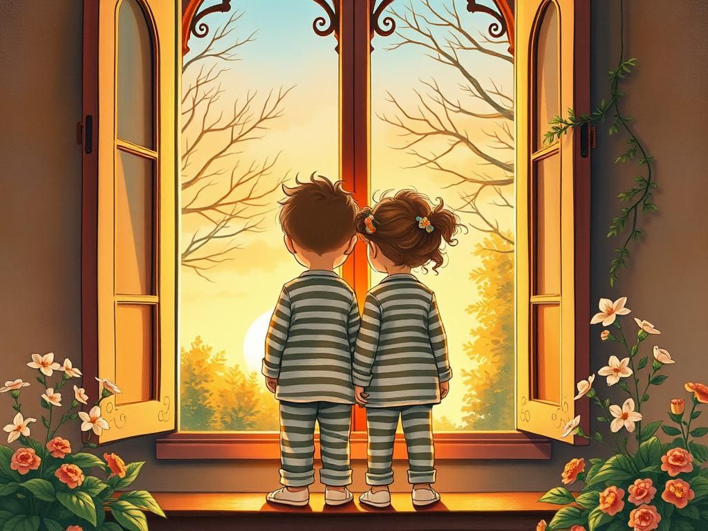 Children Awaiting Father's Return in Whimsical Illustration ...