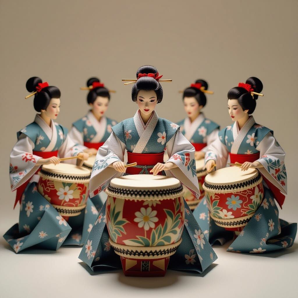 Origami Taiko Drummers in Soft Ambient Light