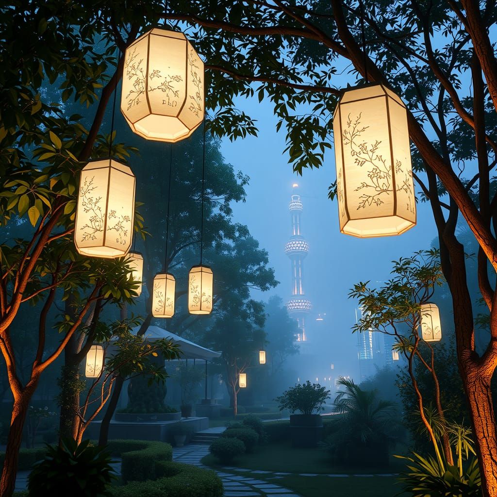 Futuristic Garden with Bamboo Lamps in Cyberpunk Style
