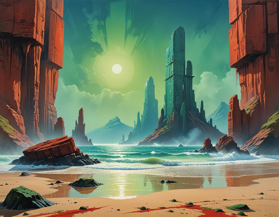 Desolate Planet with Monoliths: Gouache and Watercolor Art