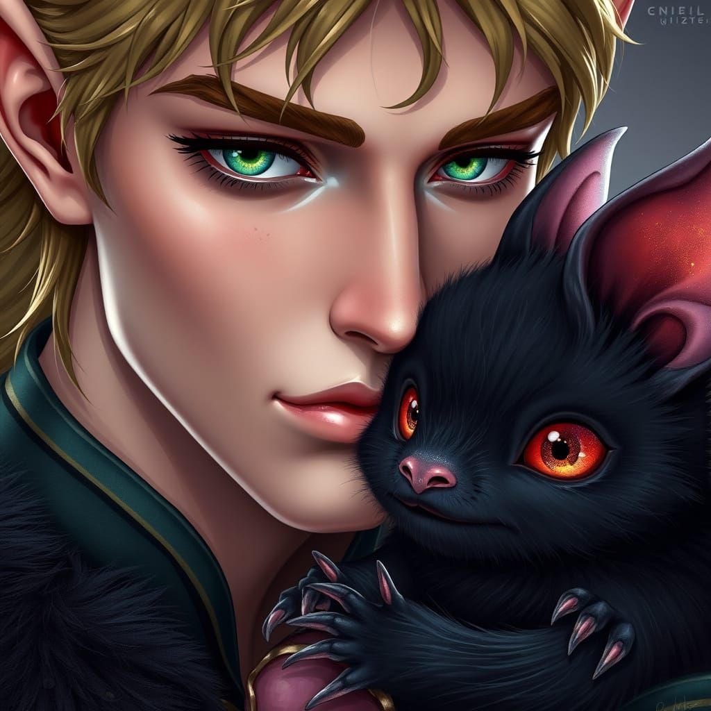 Sensual Elven Prince Kisses Mysterious Bat Companion in Whim...