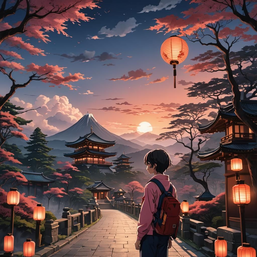 Japanese Temple at Twilight in Manga Style