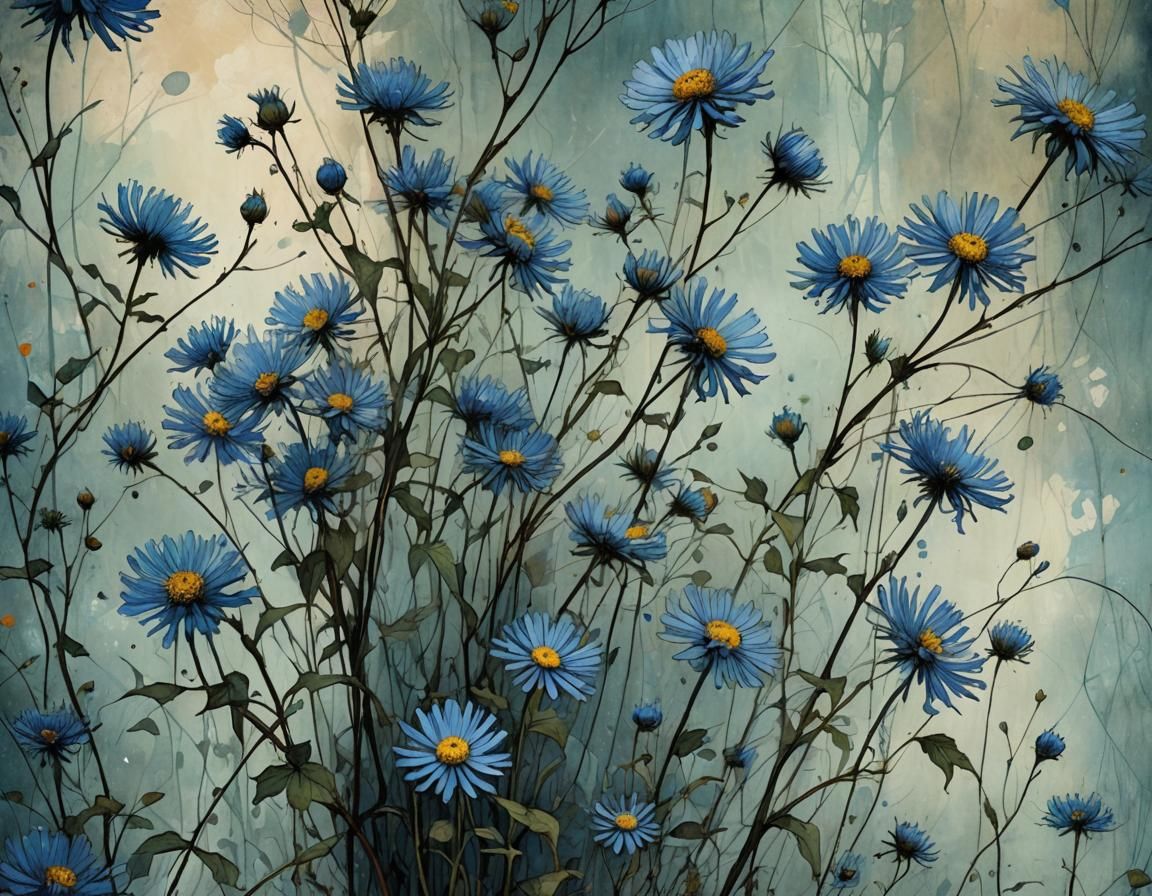 Blue Asters Bending: Expressive Intricate Art