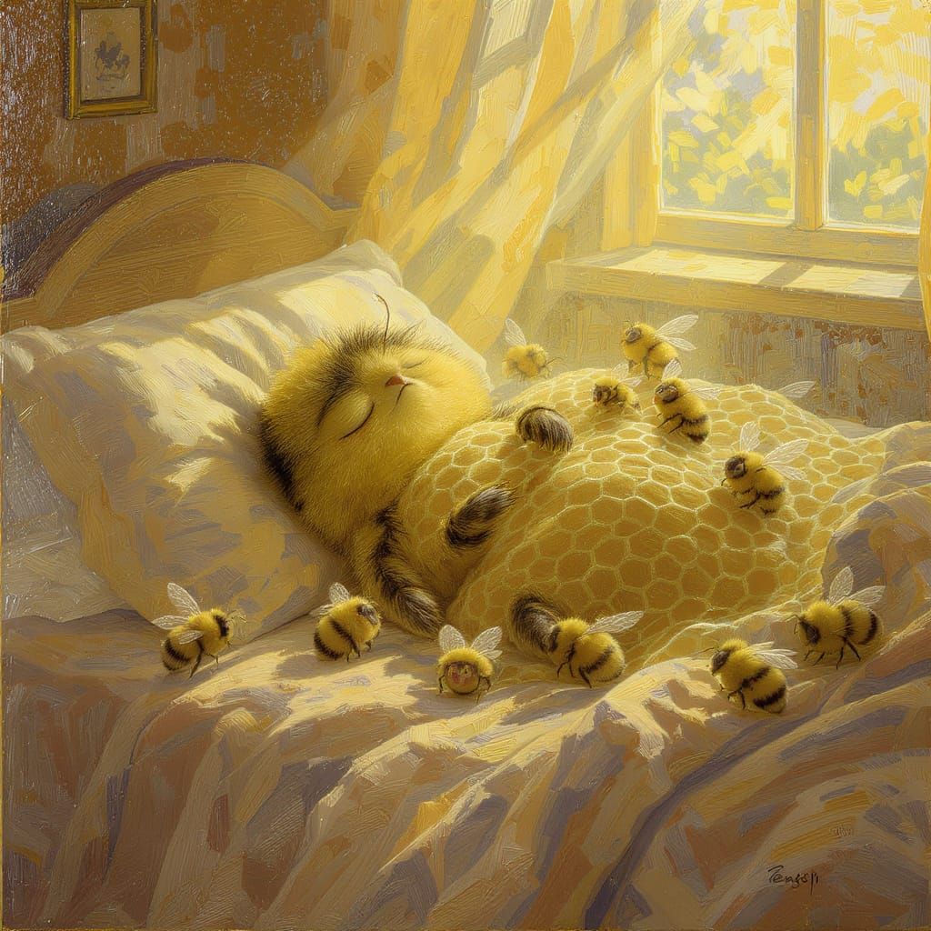 Sleepy Bumblebee Napping Upside Down: Tonalist Oil Painting