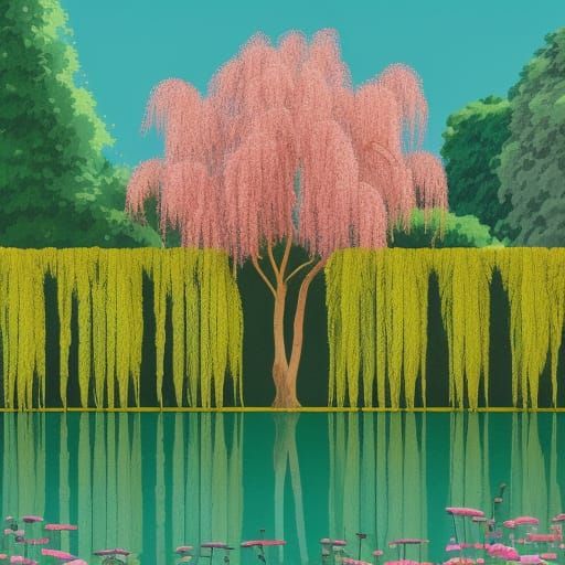 Art Deco Garden with Weeping Willow Tree