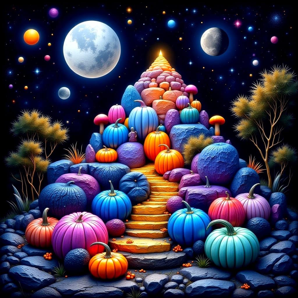 "Stairway to the Pumpkin Moon: A Cosmic Harvest Ascent"