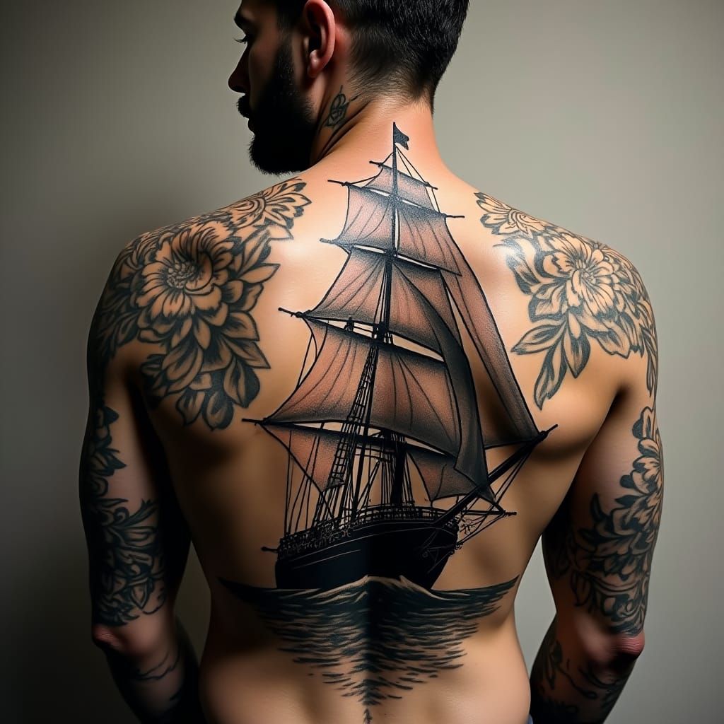 Sailboat Tattoo Art on Man's Silhouette