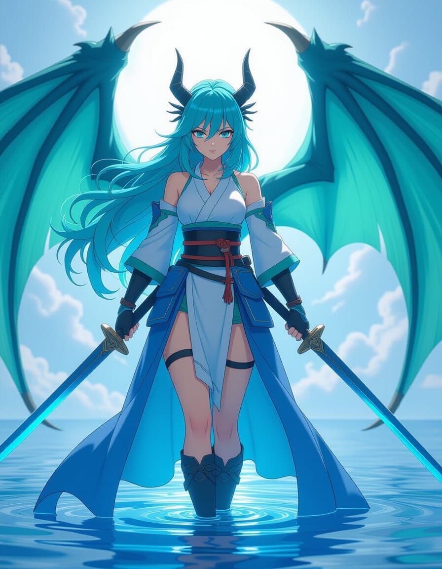 Anime Woman with Teal Hair and Blue Dragon Wings Holding Kat...