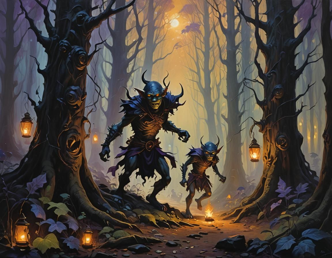 Goblins Lurking in Dark Forest Oil Painting