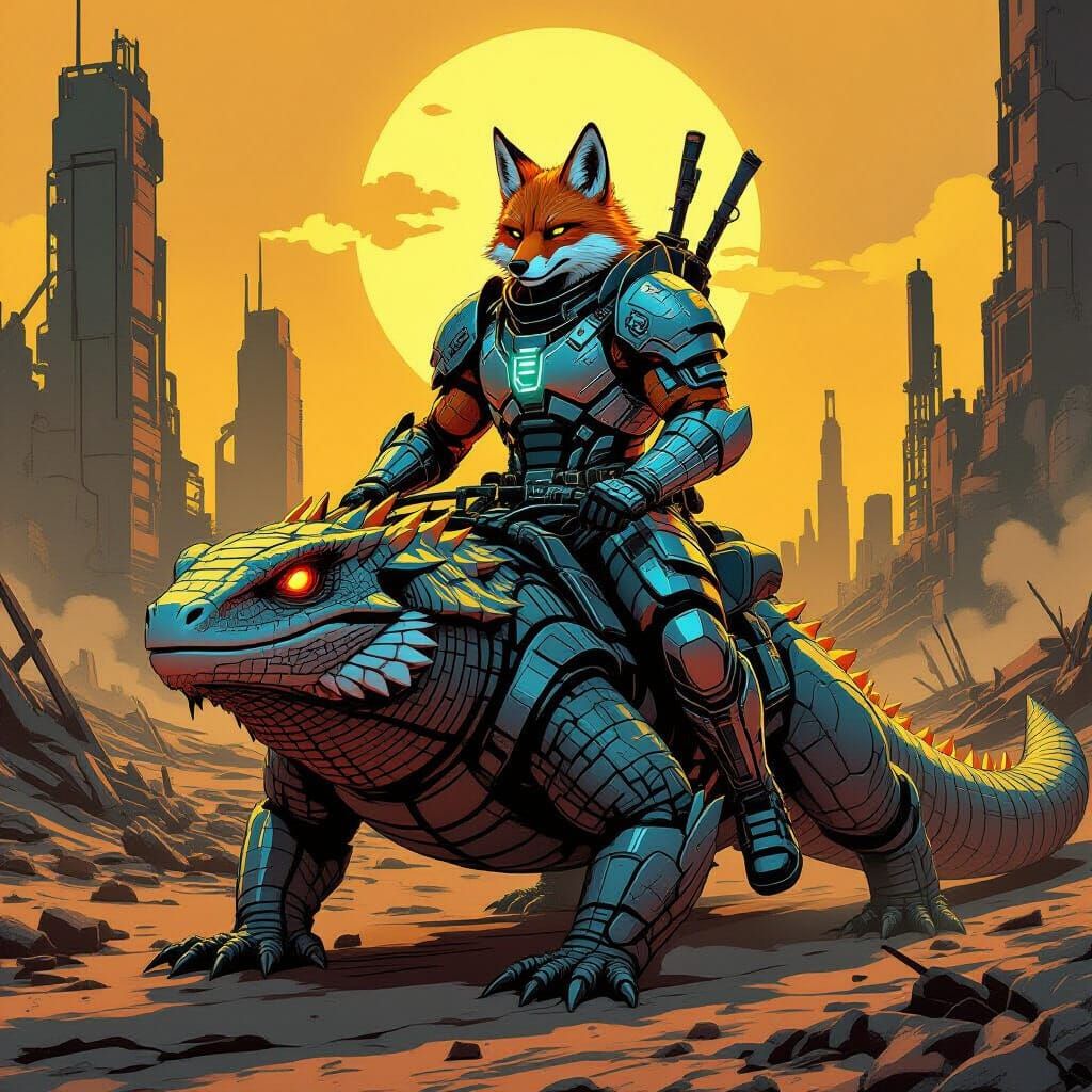 Cyberpunk Fox Warrior on Wasteland Lizard