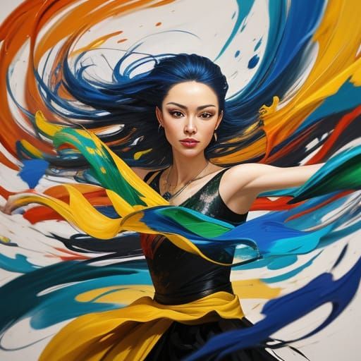 Vibrant Oil Painting of a Woman Dancing with Energetic Brush...