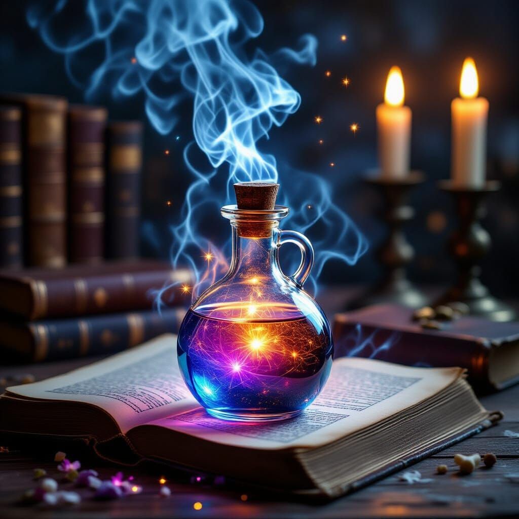 Iridescent Magic Potion on Old Grimoire, Concept Art Style