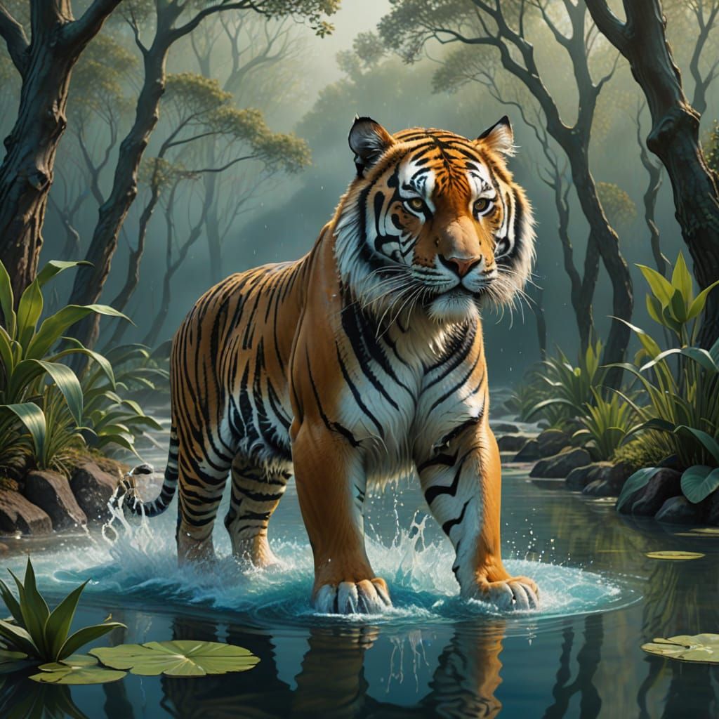Dreamlike Watercolor Tiger Emerges from Misty Forest