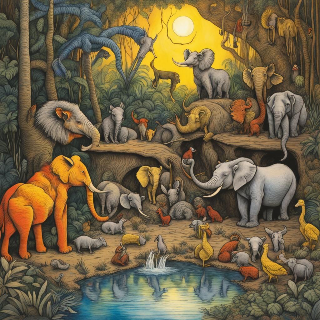 jungle animals drinking at a water hole