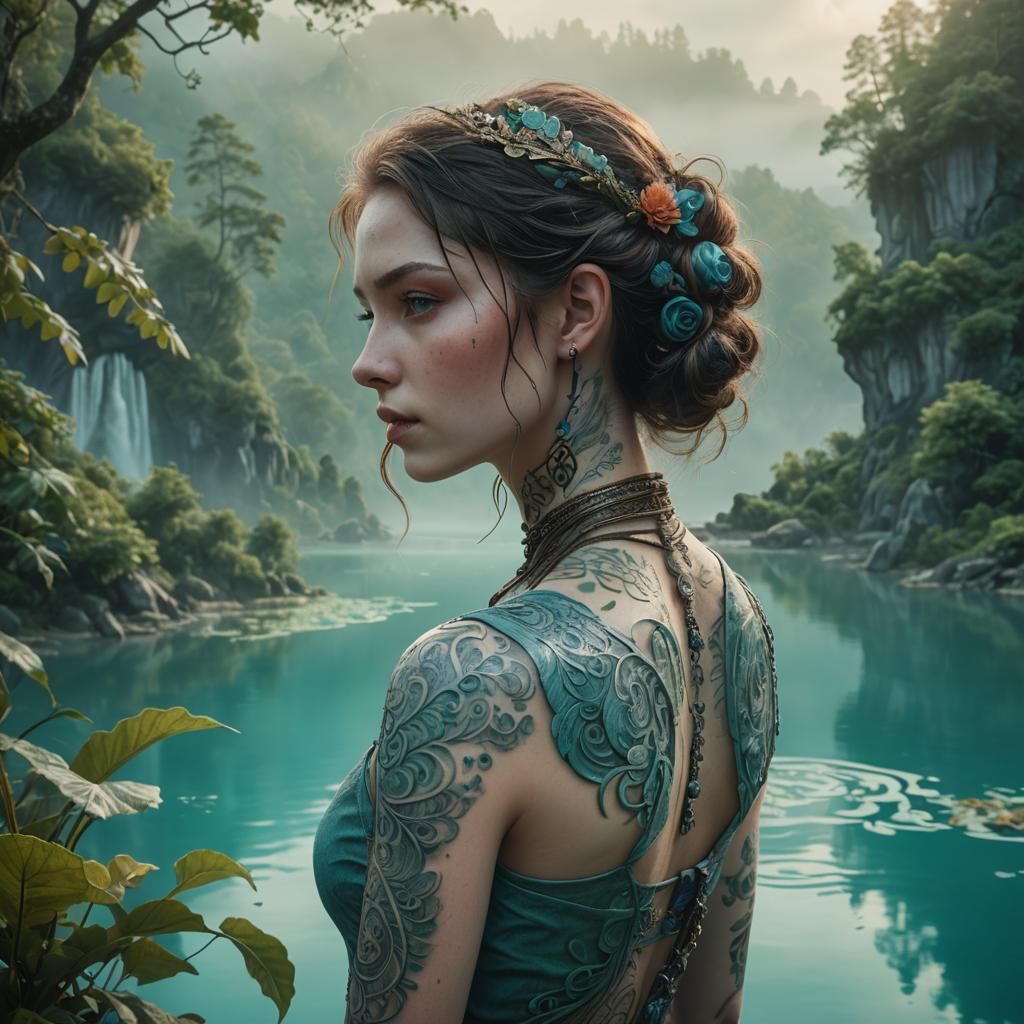 Enchanting Woman with Tattoos by Misty Lake