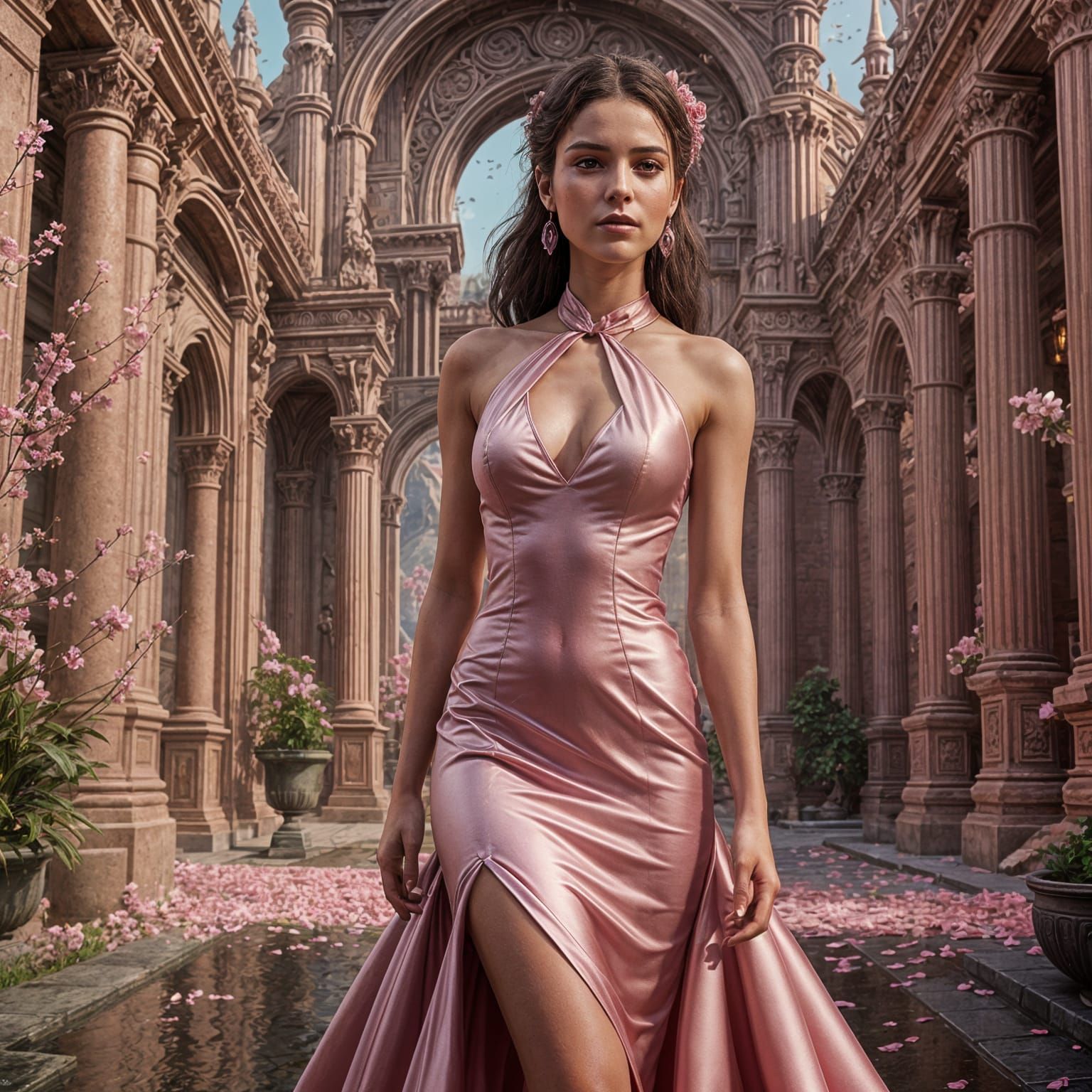 Realistic Woman in Pink Satin Dress