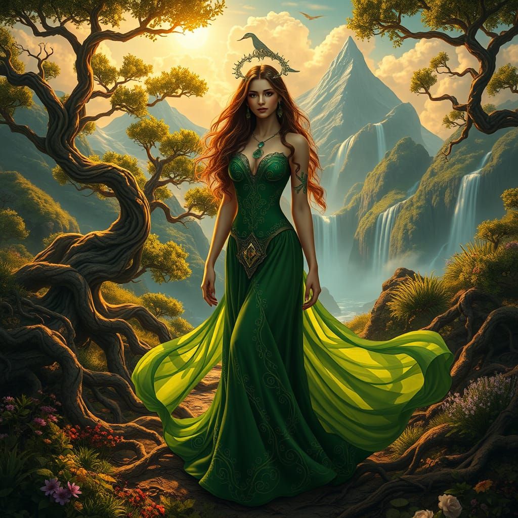 Majestic Earth Goddess in Vibrant Landscape