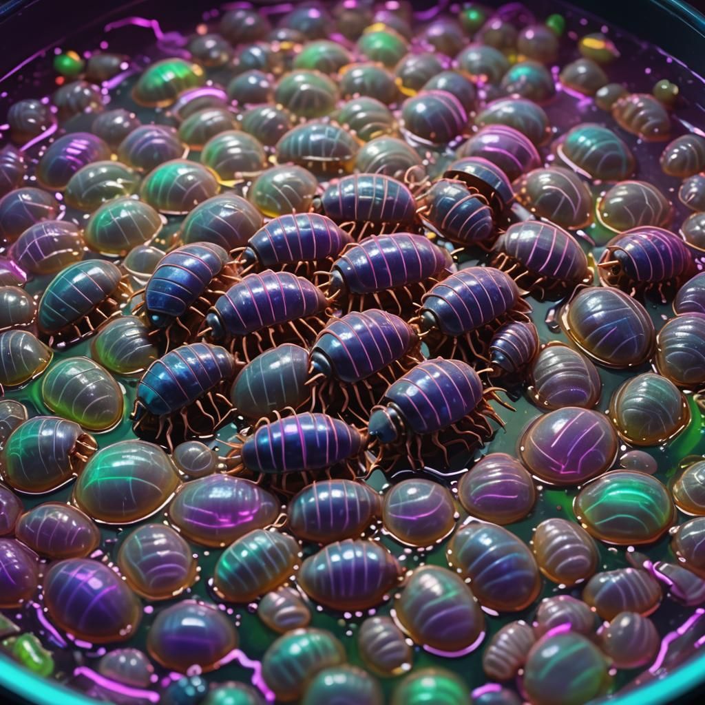Synthwave Isopods Crawling in Iridescent Soup