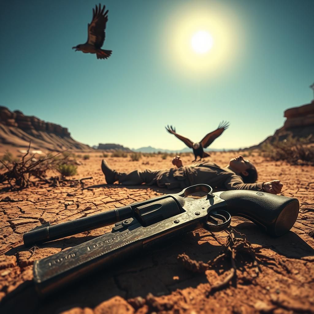 Desolate Western Scene: Dying Man Under Buzzards