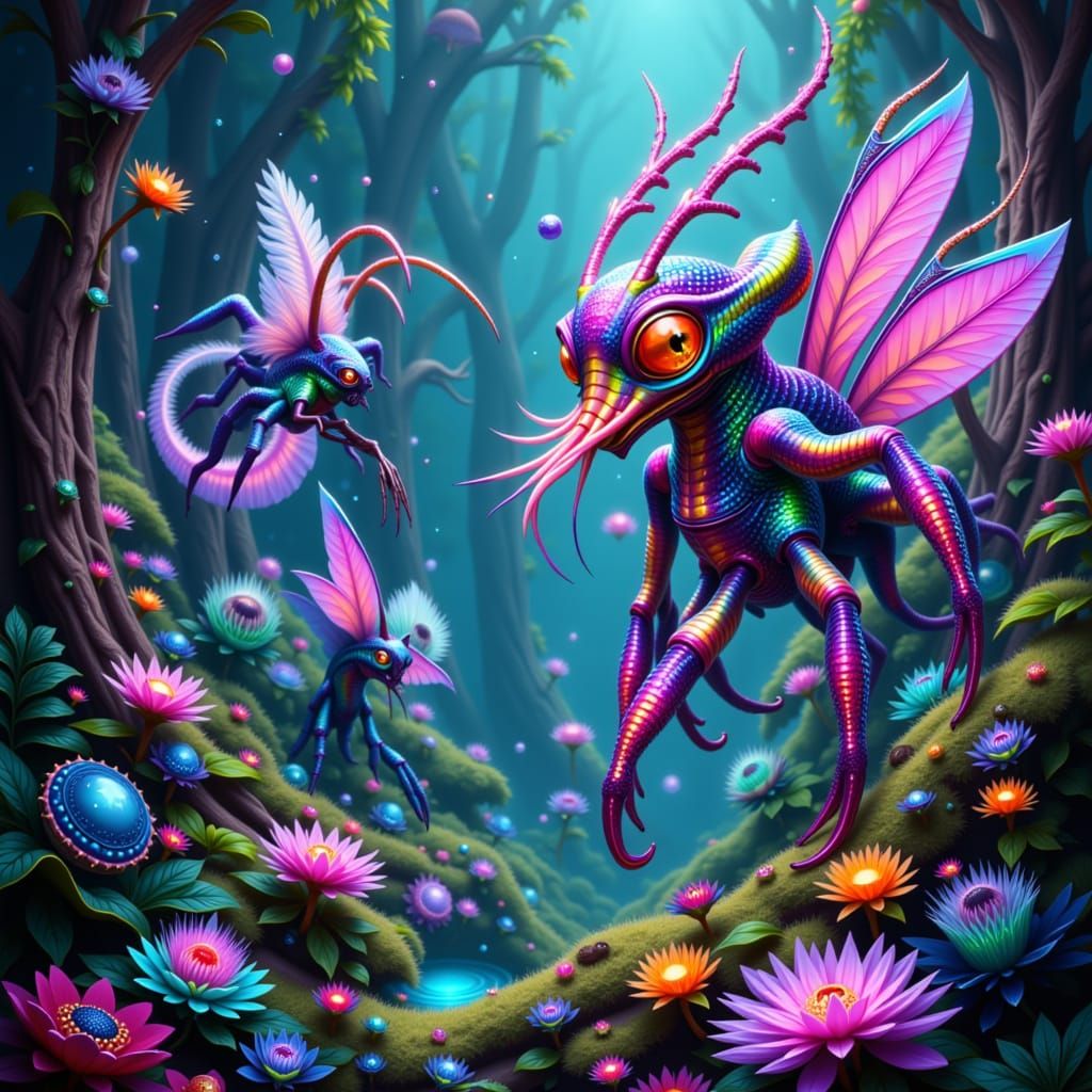 Iridescent Alien Creatures in a Lush Exoplanet Habitat