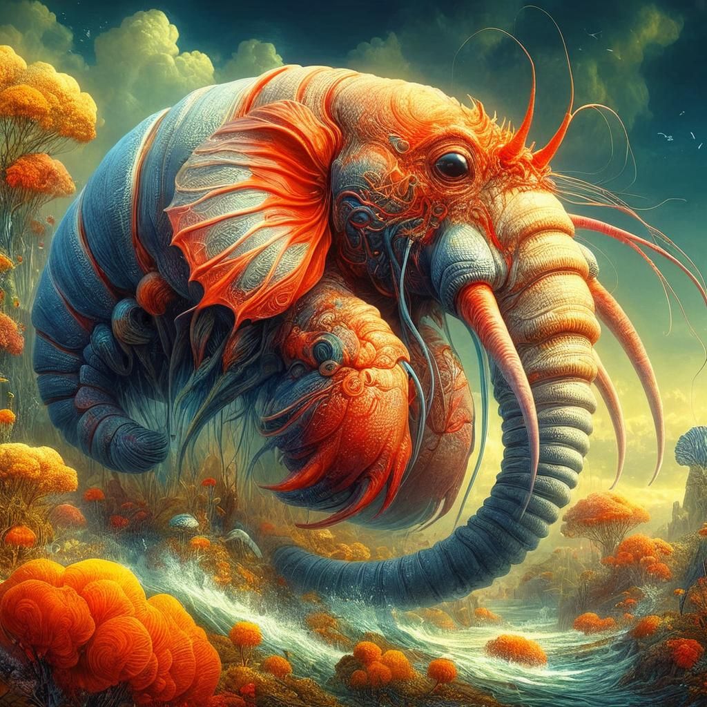 Fantastical Jumbo Elephant Shrimp in Surrealist Style