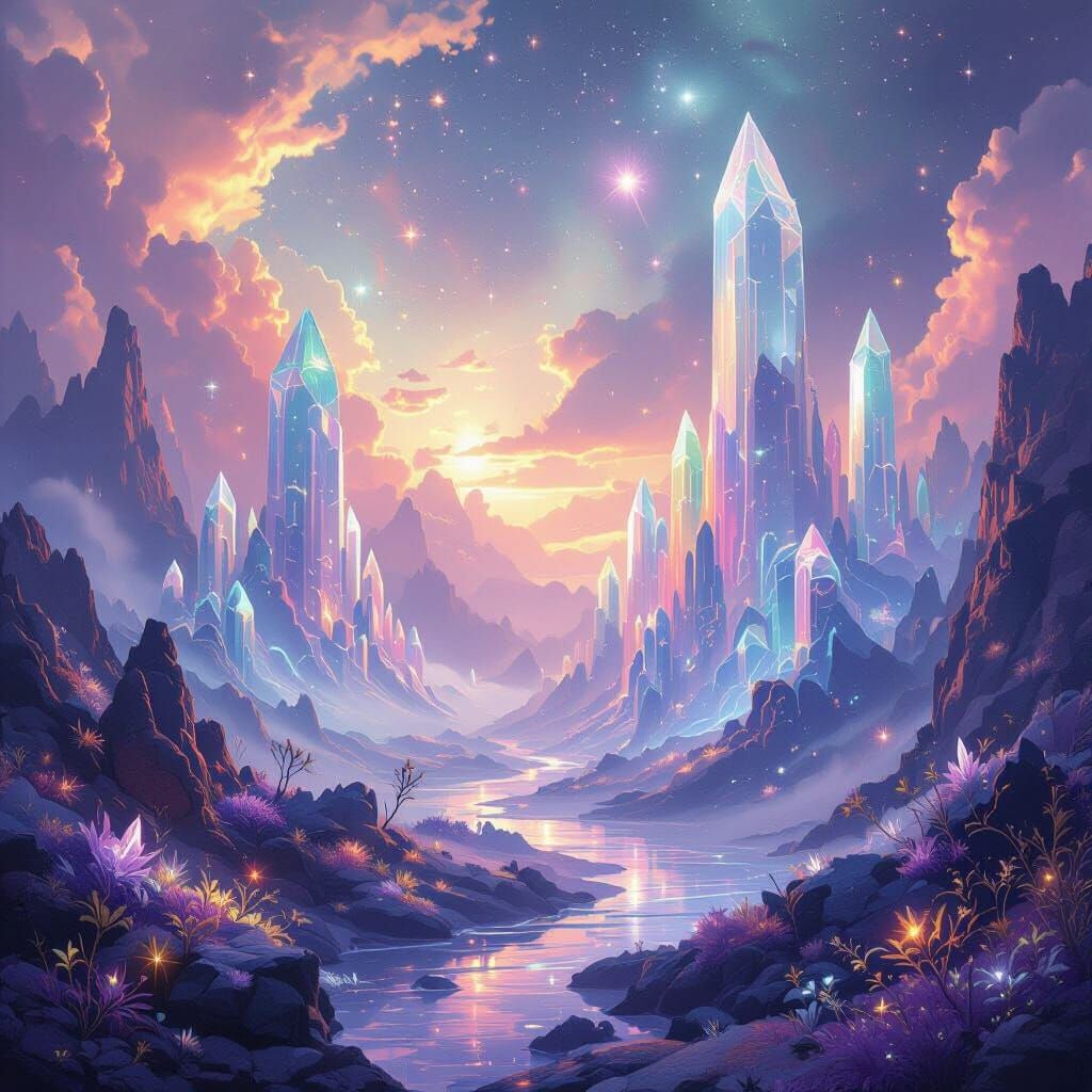 Otherworldly Crystalline Landscape with Nebulae Sky