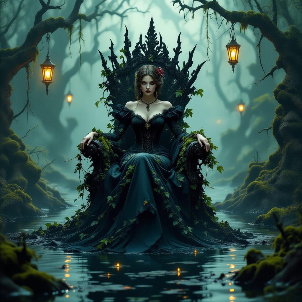 Victorian Lady on Bramble Throne in Foggy Swamp