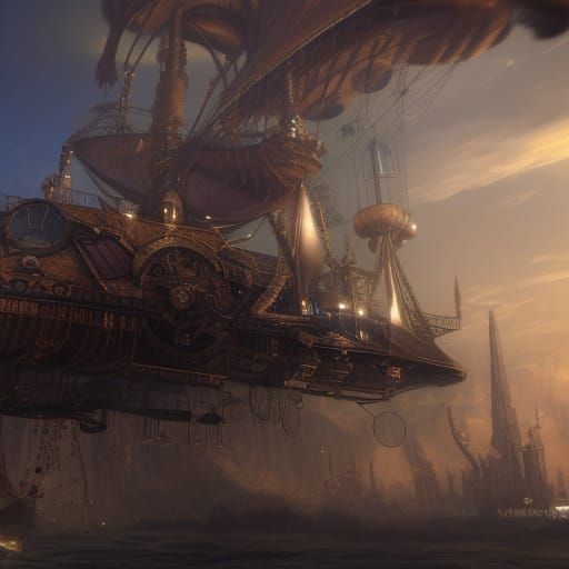 Steampunk Sky Ship in Detailed Matte Painting
