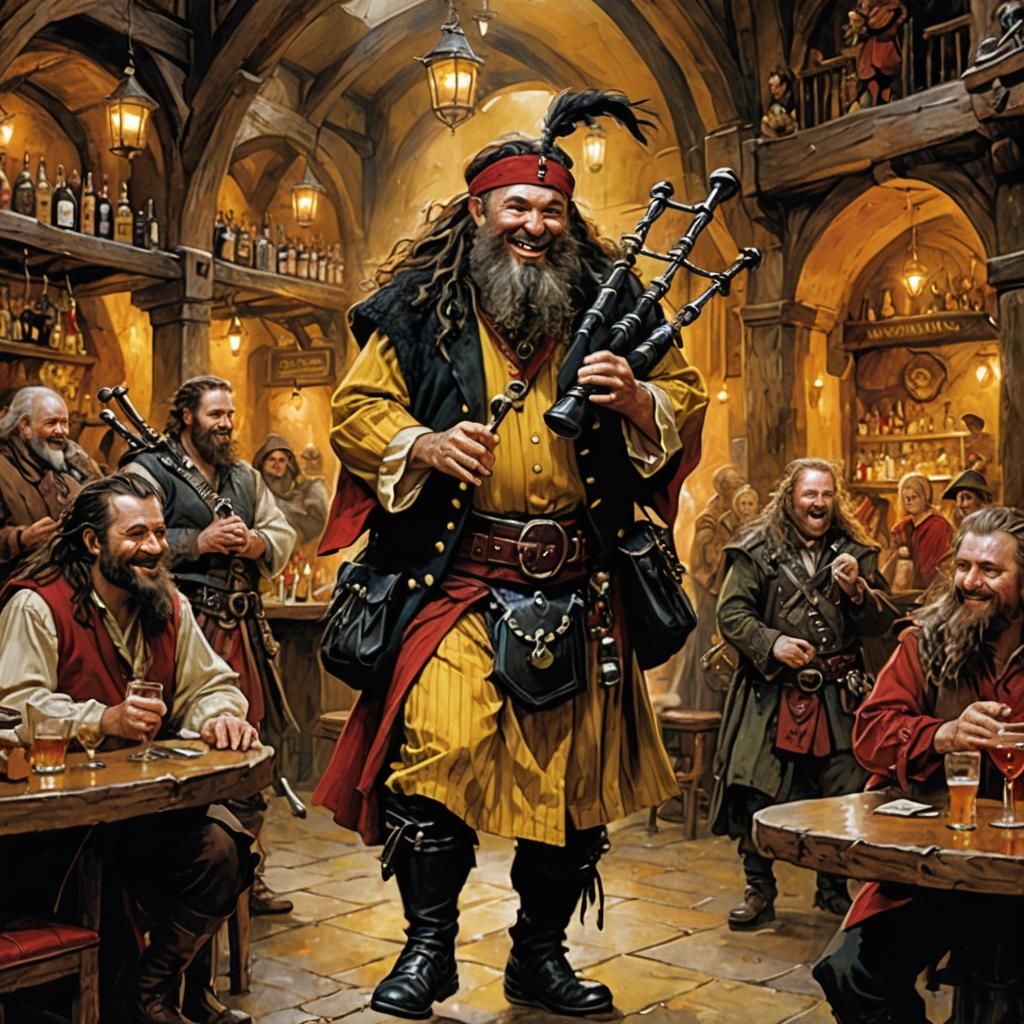 Joyful Dwarf Bard Plays Bagpipes in a Magical Bar