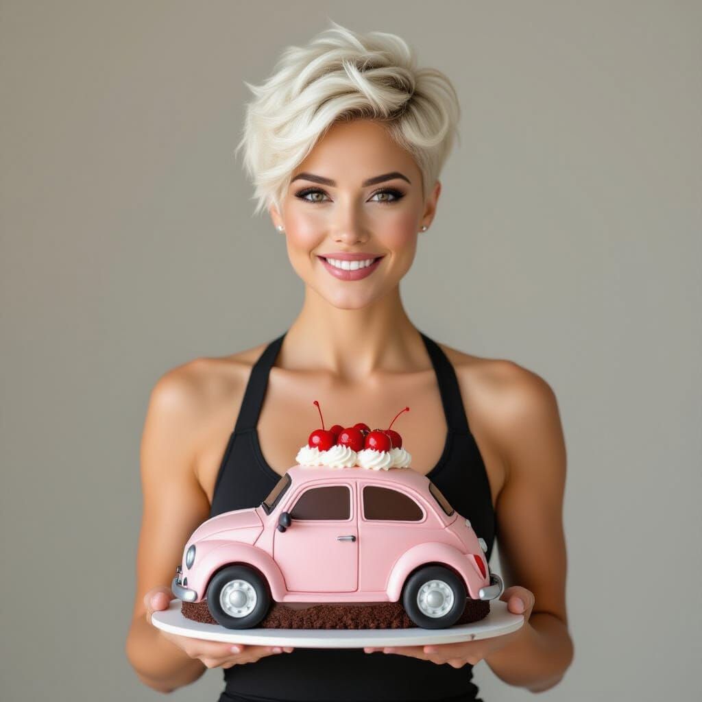 Woman Carries Chocolate Car Cake with Pink Icing