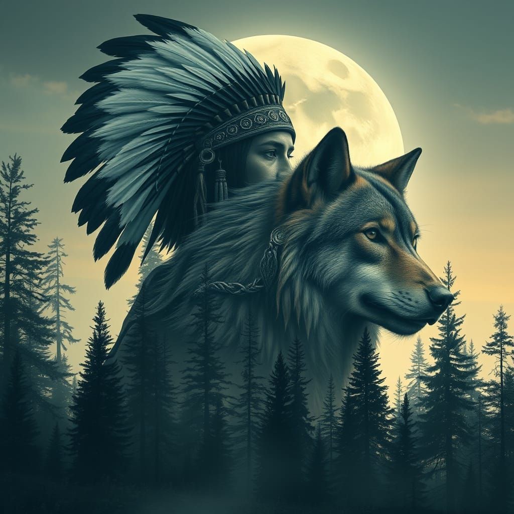 Native American Warrior, Wolf, and Forest in Art Nouveau
