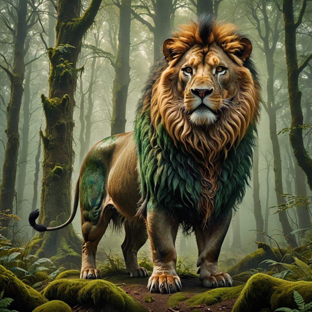Lion-Pig Hybrid in Misty Forest: Fantasy Concept Art